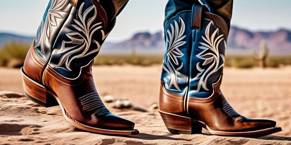 botas texanas de cuero marrón con bordados blancos, en un paisaje desértico al fondo.