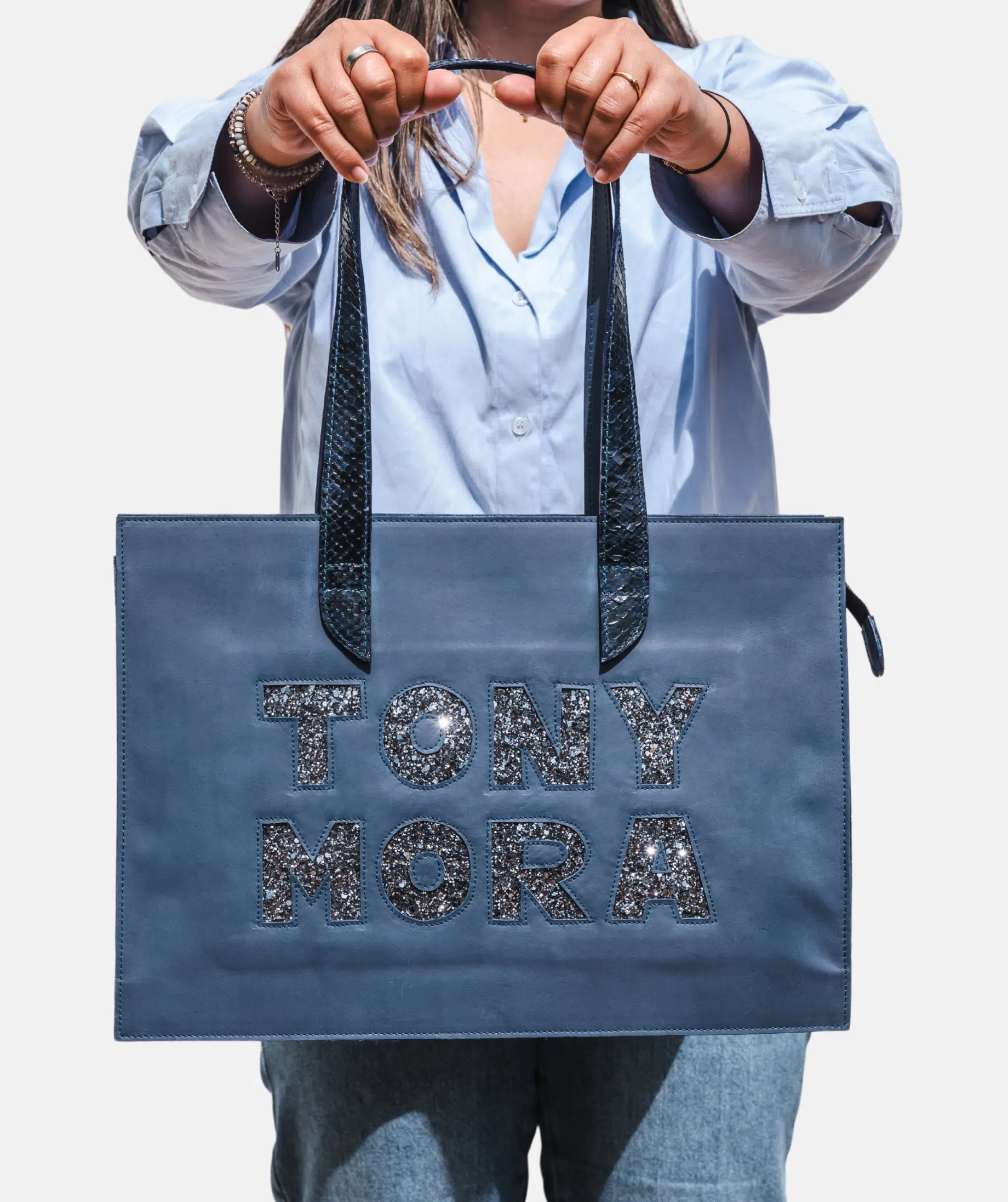 1 Tote Bag de Mujer en Cuero Azul y Pitón - Women’s Blue Leather Tote Bag with Python Handles