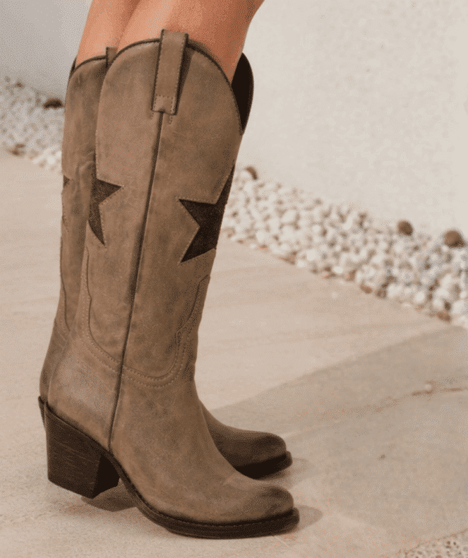 Handcrafted women's cowboy boots Irene model in ash grey nubuck with green suede star detail - Tony Mora